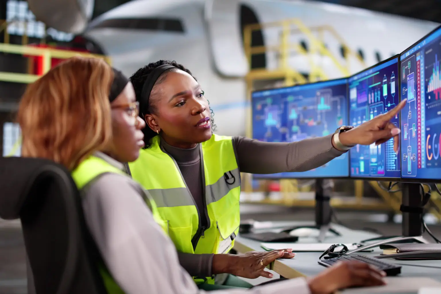 Engineers analyzing data on computer screens