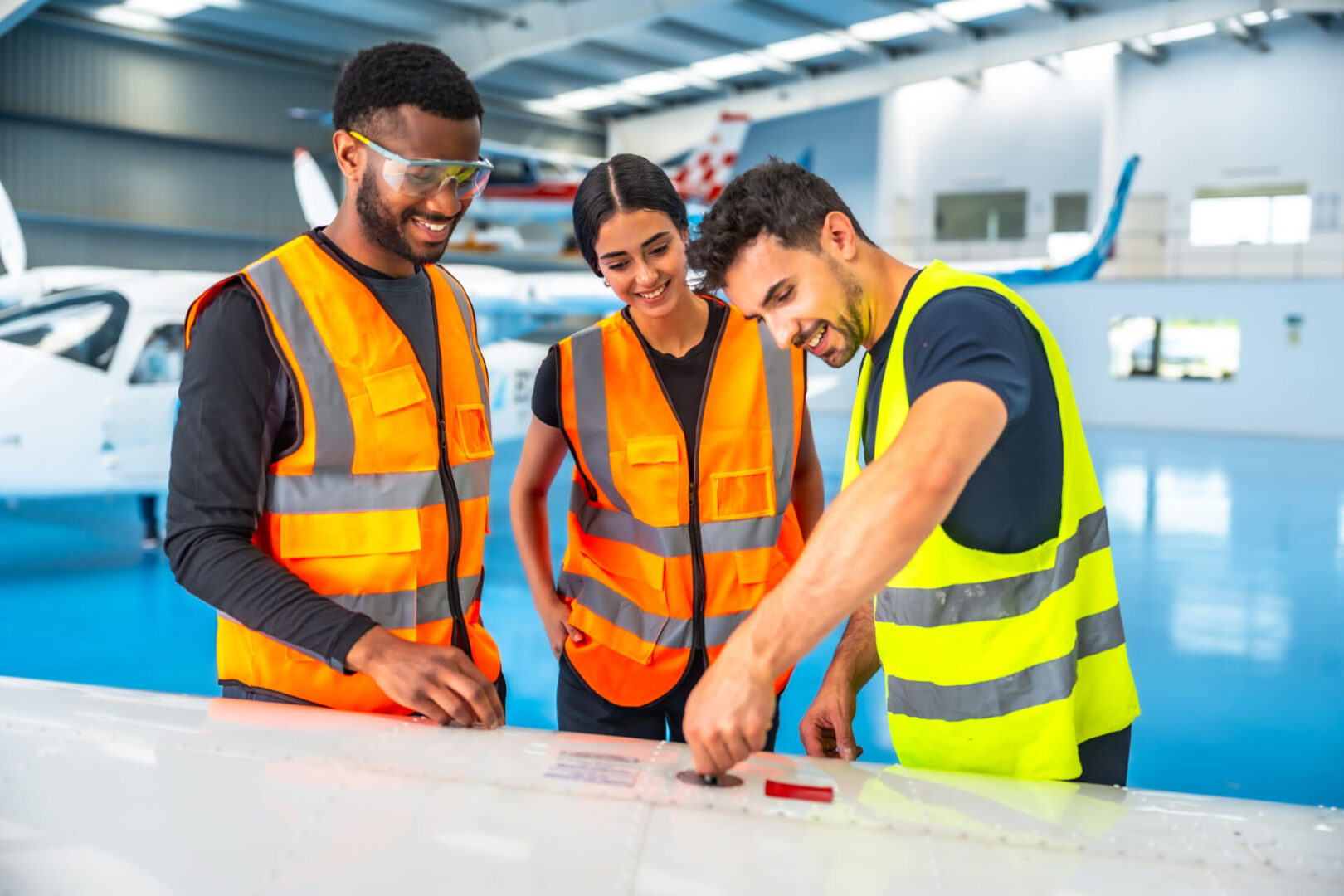 Aviation professionals working on plane wing