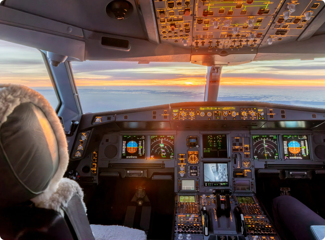 Airplane cockpit with sunset view