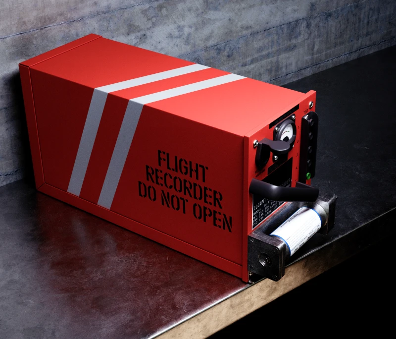 Red flight recorder on metal table